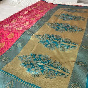 Turquoise Magenta Art Silk Benarasi Indian Wedding Sari NEW with Blouse piece